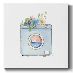 a watercolor painting of a washing machine with flowers in it's front pocket