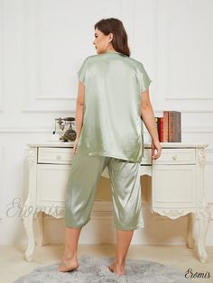 Eromis - Premium Plus Size Luxury Pajama Sets - Womens Short Sleeve Wrap Neck Top & Pants with Sleek Stretch - Two-Piece Pajama Set Solid Color Home Sets, Sleeveless Green Sleep Sets, Green Sleeveless Sleep Sets, Green Sleepwear Sets With Long Pants, Luxury Pajamas, Neck Wrap, Pajama Sets, Pajama Set, Pajamas