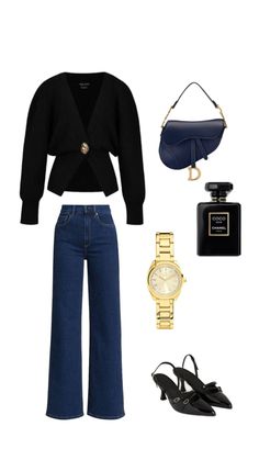 a woman's outfit with jeans and heels