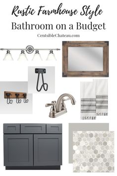 bathroom on a budget with text overlay that reads rustic farmhouse style bathroom on a budget