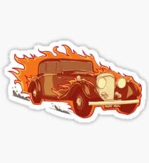 an old car with flames on the side is shown in red and orange stickers