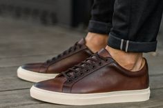 Brown Sneakers Outfit Men, Brown Shoes Outfit Men, Casual Brown Leather Shoes, Mens Dress Sneakers, Mens Business Casual Shoes, Bald Men Style, Thursday Boot Company, Sneakers Outfit Men, Dress Sneakers