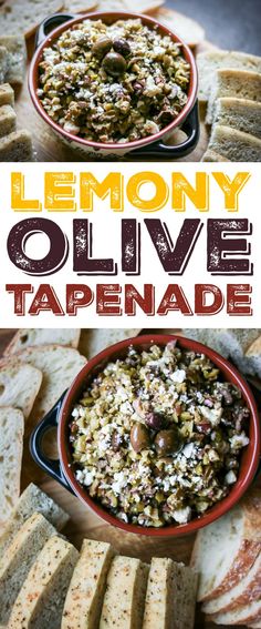 lemony olive tapenade dip with bread and crackers in the foreground