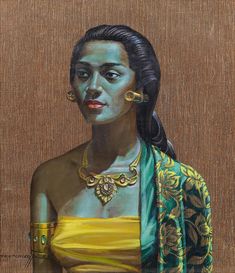 an oil painting of a woman in green and yellow dress with gold jewelry on her neck