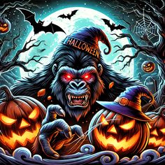 Frightful Halloween Ideas for Greeting Cards – Scary Gorillas and Spooky Inspiration for Your Holiday Season. A terrifying gorilla with glowing red eyes in a Halloween scene, surrounded by jack-o'-lanterns, bats, and a full moon, perfect for spooky greeting cards and Halloween inspirations. Creepy Graveyard, Gorilla Marketing, Halloween Pins, Halloween Images, Halloween Designs, Halloween Horror, Halloween Cards, Scary Halloween, Halloween Design