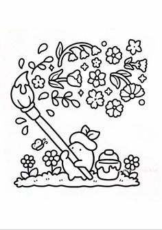 a black and white drawing of a flower pot with flowers coming out of the ground