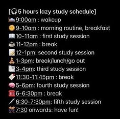 the text on the screen says, hours lazy study schedule