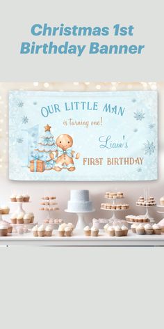 a baby's first birthday banner is shown with cupcakes and cakes on the table