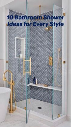 a walk in shower sitting next to a bathtub with a glass door and gold faucet