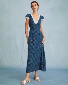 The Navy V Neck Polka Dot Lace Ruched Maxi Dress - Women's Navy Polka Dot Cap Sleeve Dress - Navy - Dresses | RIHOAS Polka Dot Dress With Lace Trim For Spring, Chic Polka Dot Dresses With Lace Trim, Fitted Polka Dot Dress With Lace Trim, V Neck Maxi Dress, Tailored Clothes, Ruched Maxi Dress, Maxi Dress Navy, Polka Dot Design, Dot Design