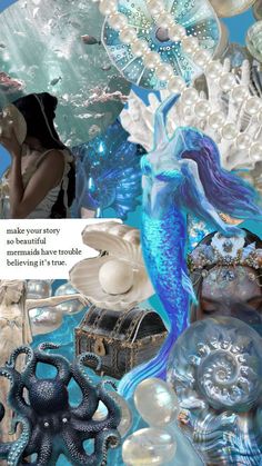 a collage of sea shells and mermaids with a quote about finding your story