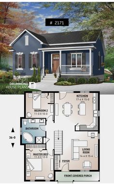 the floor plan for a small house with two levels and an attached porch, is shown in