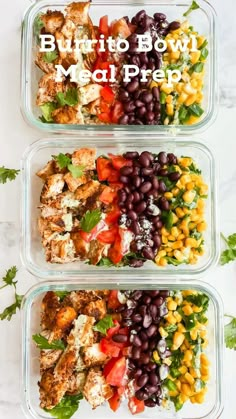 three glass containers filled with burrito bowl meal preps and the words burrito bowl meal prep