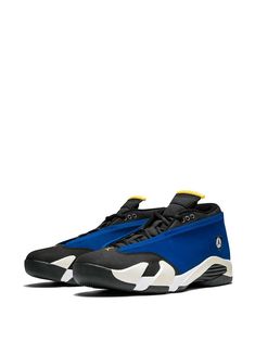 "Find JORDAN Air 14 Retro Low Laney Sneakers on Editorialist. Supplied by a premier sneaker marketplace dealing with unworn, already sold out, in demand rarities. Each product is rigorously inspected by experienced experts guaranteeing authenticity. This original colorway of the Air Jordan 14 Low returned for the first time ever in 2015. Featuring a \"\"Laney\"\" look inspired by Michael Jordan's high school team colors, the blue, black, and yellow colorway has been the most popular version of t Blue Lace-up High-top Sneakers With Vibram Sole, Blue Custom Sneakers With Vibram Sole For Running, Blue Custom Running Sneakers With Vibram Sole, Blue Sneakers With Vibram Sole For Sports, Blue Basketball Shoes With Contrast Sole For Casual Use, Blue Running Sneakers With Contrast Sole, Blue Sneakers With Contrast Sole For Running, Blue Lace-up Sneakers With Vibram Sole, Sporty Air Jordan 4 Low-top With Abzorb Midsole