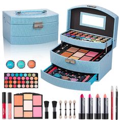 PRICES MAY VARY. WHAT YOU GET: 31 eye shadows, 2 lip glosses, 2 blushes, 4 lipsticks, 1 face powder, 1 lip pencil, 1 bronzer, 1 eye pencil, 1 highlighter, 2 concealers, 6 brushes, 1 reusable train case. COMPLETE COSMETIC SET: This affordable makeup kit with everything needed to get started is perfect for teens or beginners who want to play with makeup without breaking the bank. FRIENDLY TO SKIN: The various cosmetics in the teen makeup kit gift set are hypoallergenic-free, paraben-free and miner Beginner Makeup Kit, Blush Lipstick, Beginner Makeup, Kit Christmas, Magical Makeup, Cosmetic Sets, Makeup For Teens, Affordable Makeup, Christmas Makeup