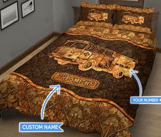 the bed is made up with an image of a car on it and two arrows pointing to each other