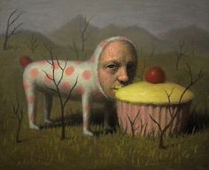 a painting of a dog with an apple in its mouth next to a cupcake