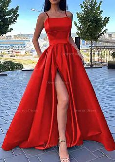 A Line Square Neckline Spaghetti Straps Long Floor Length Satin Prom Dress Outfits For Women With Split Pockets Satin Corset Prom Dress, Prom Dress With Split, Corset Prom Dress, Sweep Train Prom Dress, Line Silhouette, Dark Red Dresses, Dress With Split, Wedding Dresses With Straps, Satin Corset