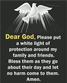 a white dove with the words dear god, please put a white light of protection around my family and friends