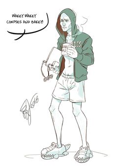 a drawing of a person in shorts and hoodie holding an object with one hand