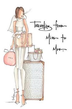 a drawing of a woman standing next to a suitcase with the words traveling from miss to mrs written on it