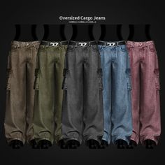 five different colored cargo jeans are lined up in a row on a black background with the text overlaided cargo jeans