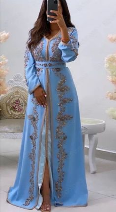 Igbo Wedding Dress, Brides Maid Dresses Blue, Arab Dresses, Moroccan Kaftan Dress, Moroccan Fashion, Moroccan Dress, Moroccan Caftan, Arab Fashion, Caftan Dress