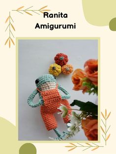 crochet pattern for an amigurmi stuffed animal with flowers in the background