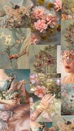 a collage of different images with flowers in the middle and one woman's face