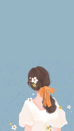 a girl with flowers in her hair is looking up at the sky and has an orange bow on her head