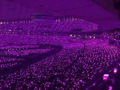 a large crowd of people sitting in the middle of a room filled with purple lights