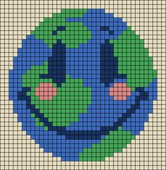 a cross stitch pattern with the face of an earth globe in blue, green and yellow