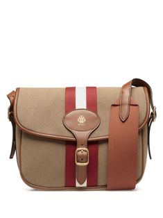 brown multicolour stripe detailing debossed logo to the rear logo stamp to the front adjustable detachable shoulder strap front flap closure buckle-strap fastening internal zip-fastening pocket internal logo stamp Classic Flap Bag With Buckle Closure, Classic Coated Canvas Flap Satchel, Classic Coated Canvas Satchel With Flap, Designer Brown Bag With Buckle Closure, Classic Flap Shoulder Bag With Buckle Closure, Classic Business Bags With Logo Strap, Classic Brown Shoulder Bag With Logo Strap, Classic Leather Bag With Logo Strap, Classic Leather Shoulder Bag With Logo Strap