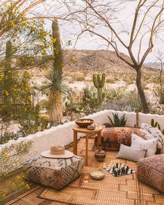 an outdoor area with cactus trees and pillows