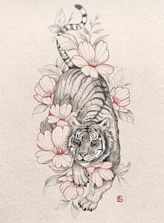 a drawing of a tiger with flowers on it's back and the letter e