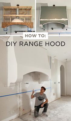 a man kneeling down in front of a stove with the words how to diy range hood