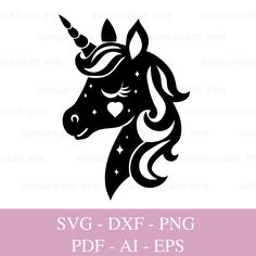 the svg dxf unicorn head is shown in black and white with stars on it