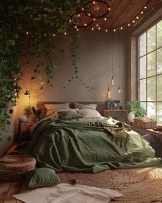 the bedroom is decorated with plants and wicker baskets on the floor, along with an unmade bed