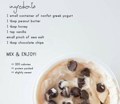 chocolate chip ice cream in a bowl with ingredients on the side and instructions for how to make it