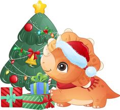 a christmas tree with presents and a stuffed animal in front of it, on a white background