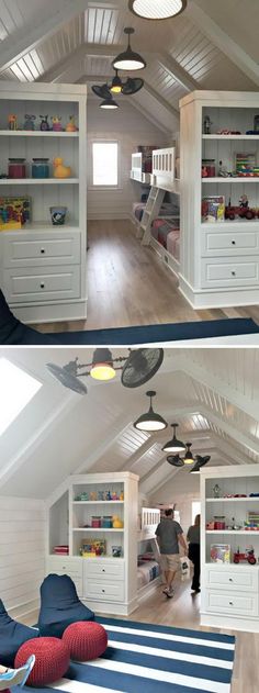 two pictures of an attic bedroom with bunk beds and built - in bookshelves