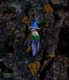 a small purple and yellow mushroom sitting on top of a tree