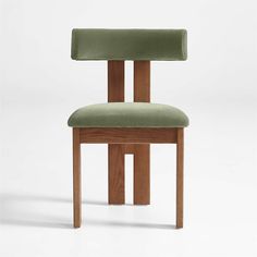 a wooden chair with a green upholstered seat and back rest on a white background