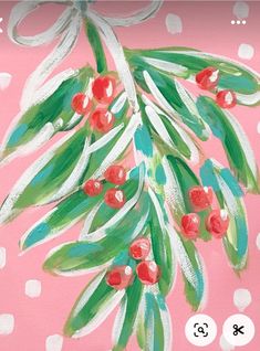 a pink background with white polka dots and red berries on the branch, painted in acrylic paint