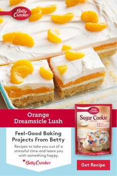 an advertisement with oranges and cake on it