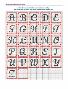 the cross stitch alphabet is shown in red and black, with letters that appear to be made