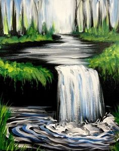 a painting of a waterfall in the woods