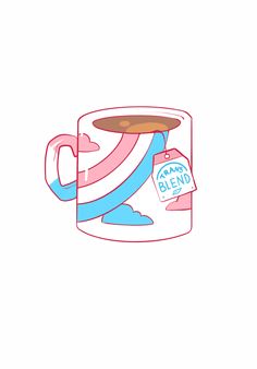 a pink and blue coffee cup with a label on it