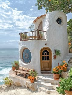 a white house on the beach with potted plants and flowers in front of it