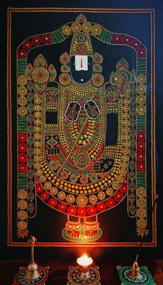 Tirupati Balaji, Hindu god made with dot painting. Golden, red, green and yellow dots on black Ganesha Mandala Dot Painting, Tirupati Balaji Mandala Art, Hindu God Mandala Art, Balaji Painting Canvas, Lord Balaji Painting, Tirupati Painting, Tirupati Balaji Drawing, Balaji Drawing, Kaavi Art